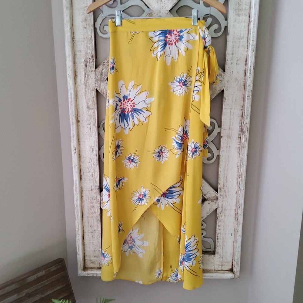 Lunik Yellow Floral True Wrap High Low Midi Maxi Skirt Large Boho Cottagecore